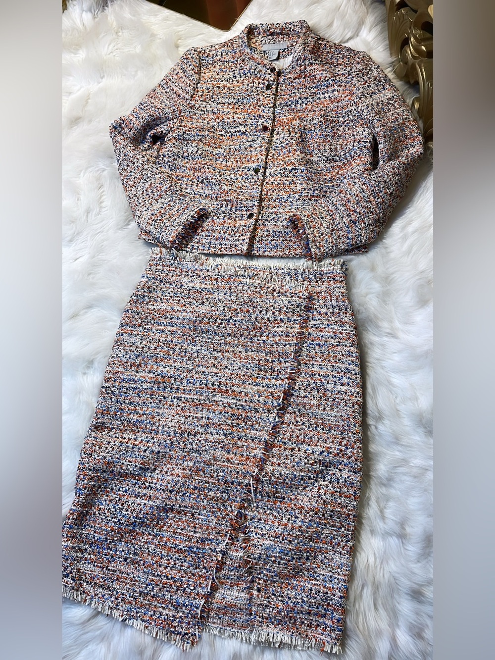 H&M Multicolor Tweed Skirt Set in Blue, Orange, Cream